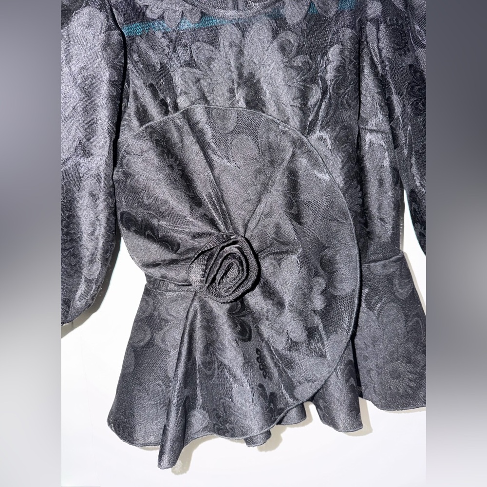 Black Jacquard Floral Peplum Top with Rosette Detail